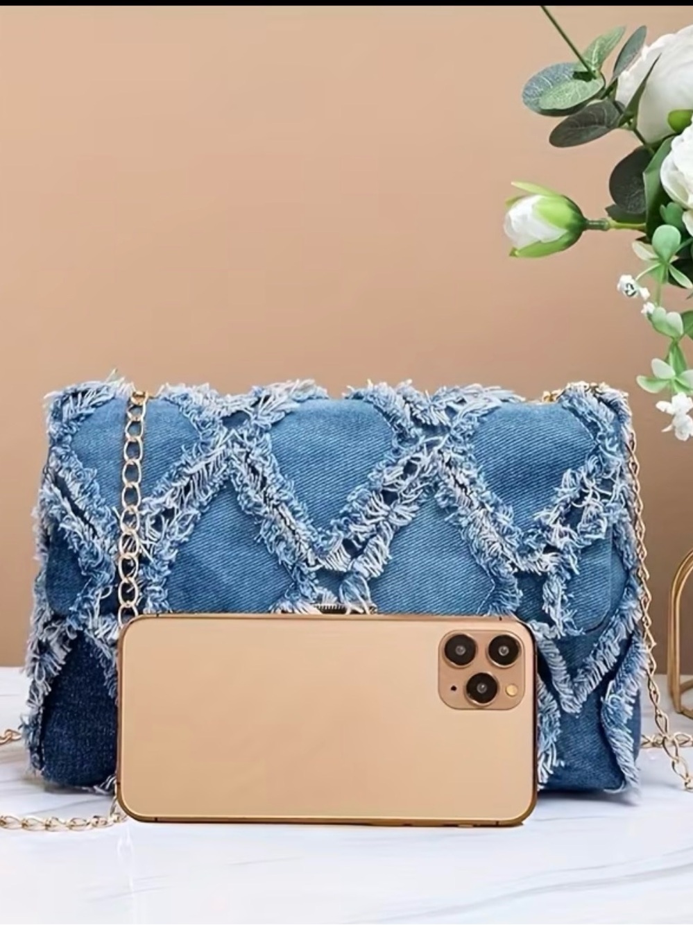 Denim Fringe Crossbody Bag with Gold Chain - Picture 3 of 4